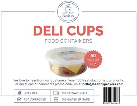 Plastic Food Storage Containers with Lids - Restaurant Deli Cups/Great for Slime, Party Supplies, Meal Prep and Portion Control - Leakproof and Microwave Safe - BPA Free (8 oz, Set of 50)