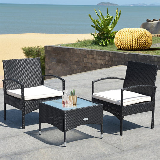 3 Pieces Patio Wicker Rattan Furniture Set with Cushion for Lawn Backyard