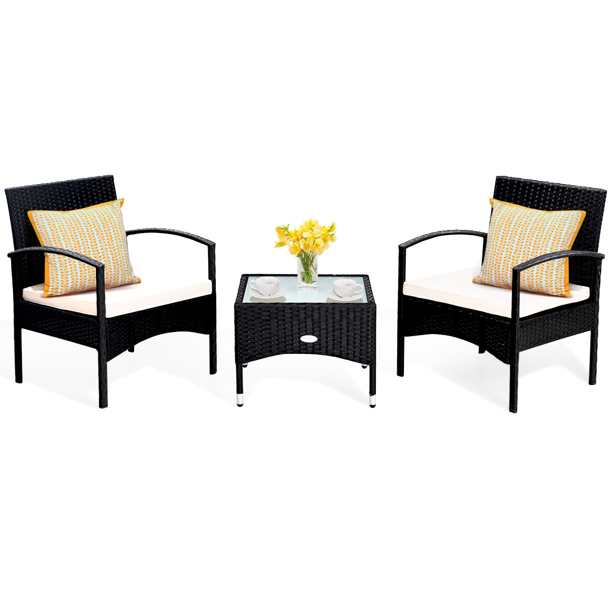 3 Pieces Patio Wicker Rattan Furniture Set with Cushion for Lawn Backyard