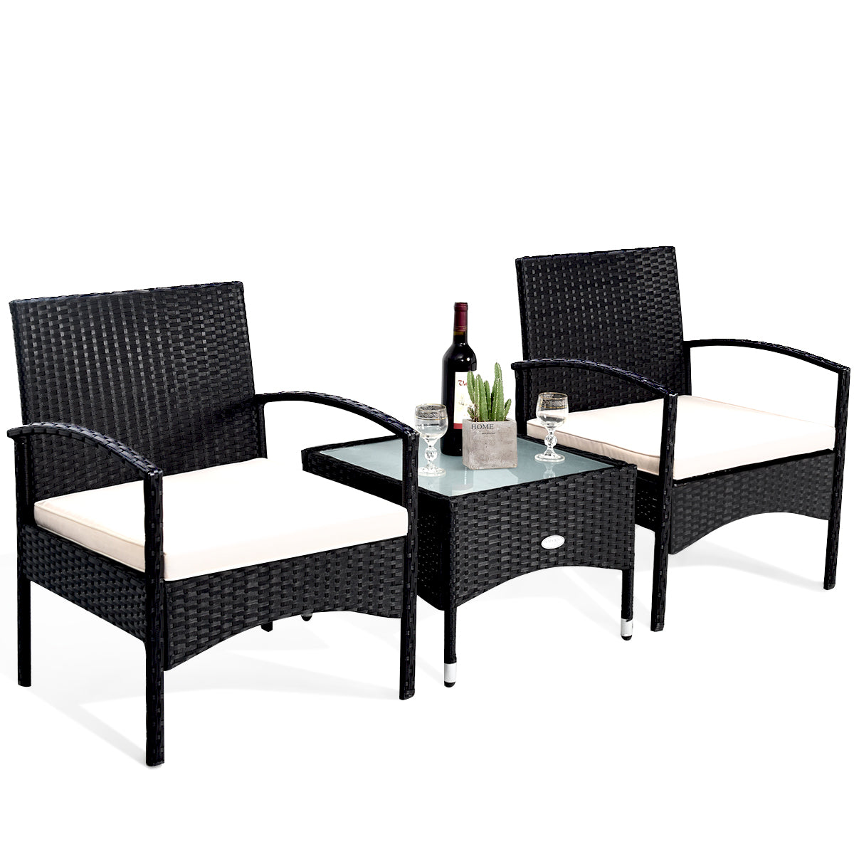 3 Pieces Patio Wicker Rattan Furniture Set with Cushion for Lawn Backyard
