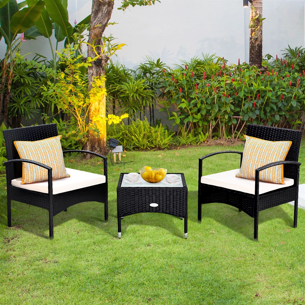 3 Pieces Patio Wicker Rattan Furniture Set with Cushion for Lawn Backyard