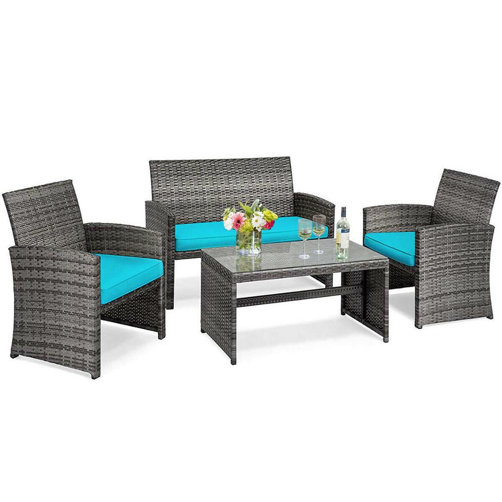 4PCS Patio Rattan Furniture Set Conversation Glass Table Top