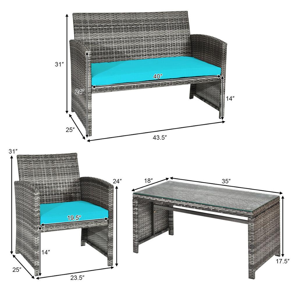 4PCS Patio Rattan Furniture Set Conversation Glass Table Top