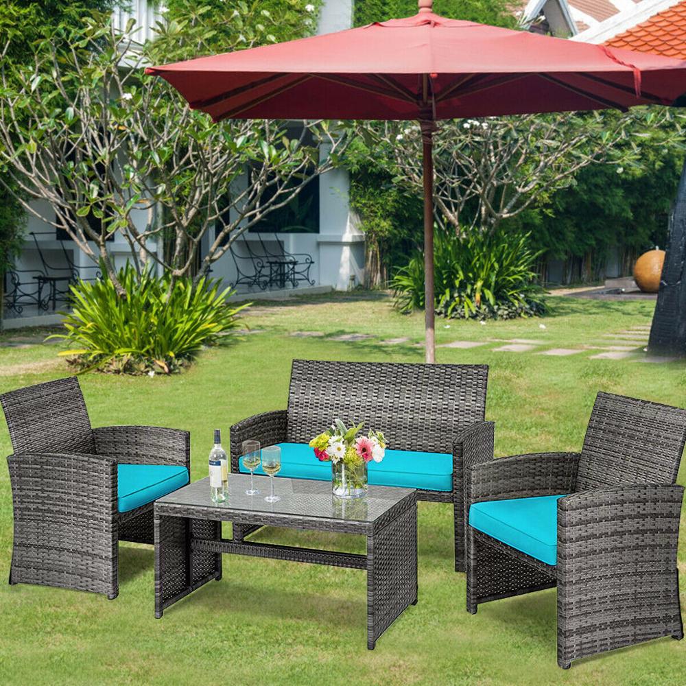 4PCS Patio Rattan Furniture Set Conversation Glass Table Top