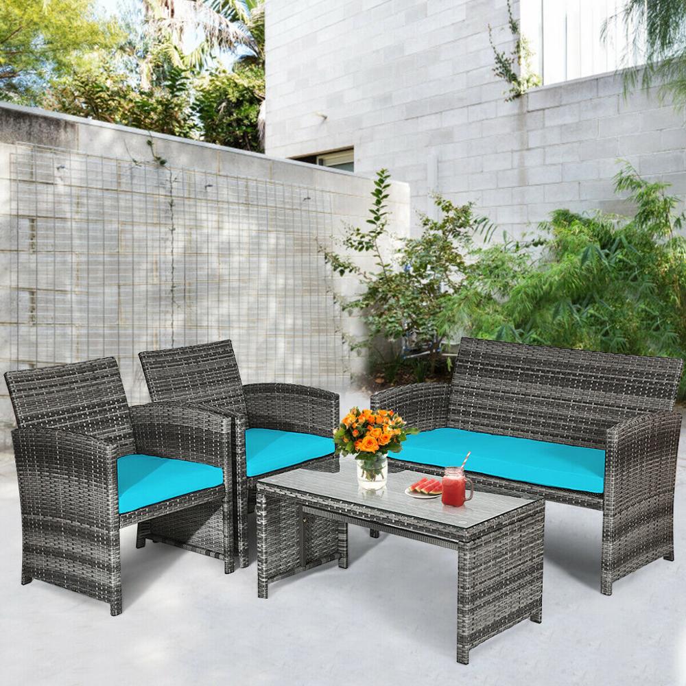 4PCS Patio Rattan Furniture Set Conversation Glass Table Top