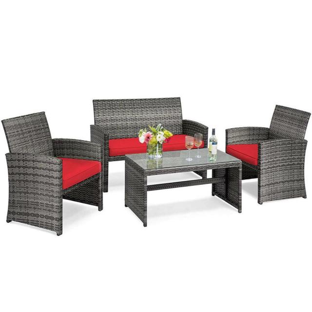 4PCS Patio Rattan Furniture Set Conversation Glass Table Top