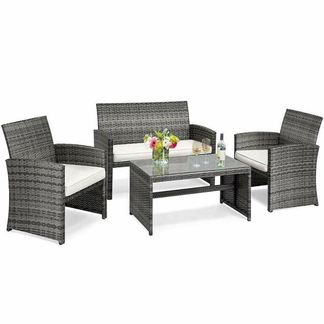 4PCS Patio Rattan Furniture Set Conversation Glass Table Top