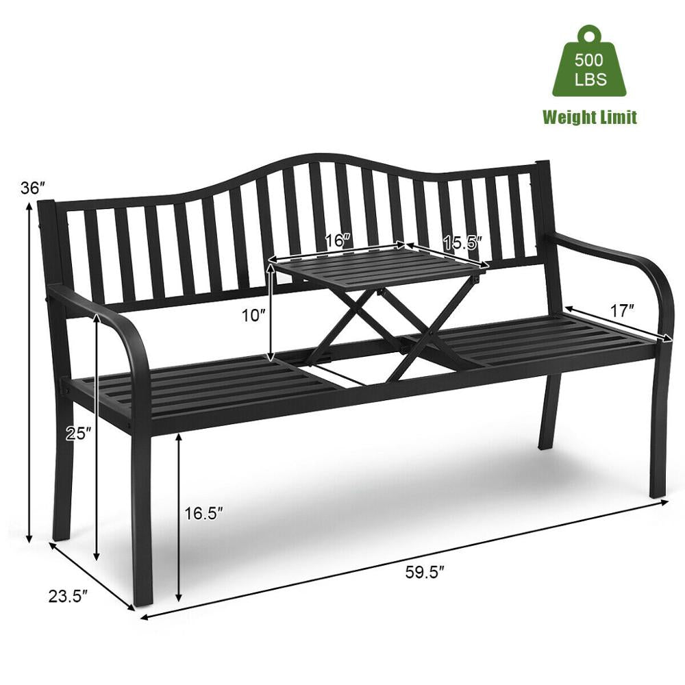 Patio Garden Bench Steel Frame Adjustable Center Table Outdoor