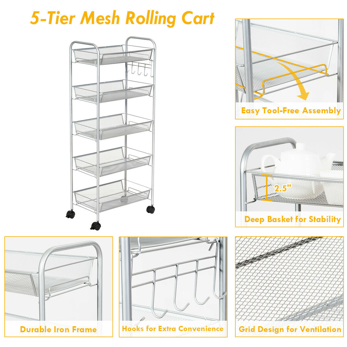 5 Tier Mesh Rolling File Utility Cart