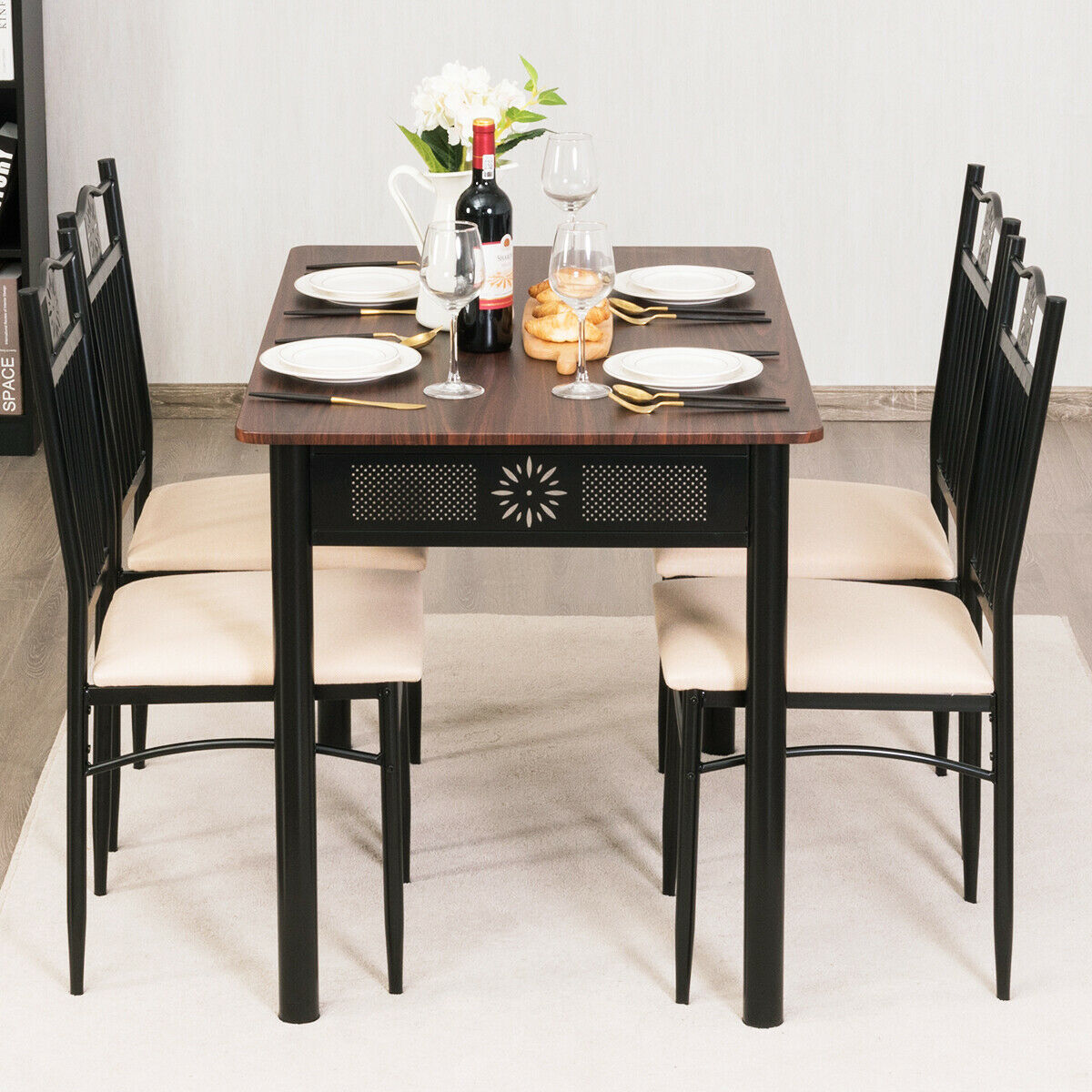 5 Piece Dining Set Wood Metal Table