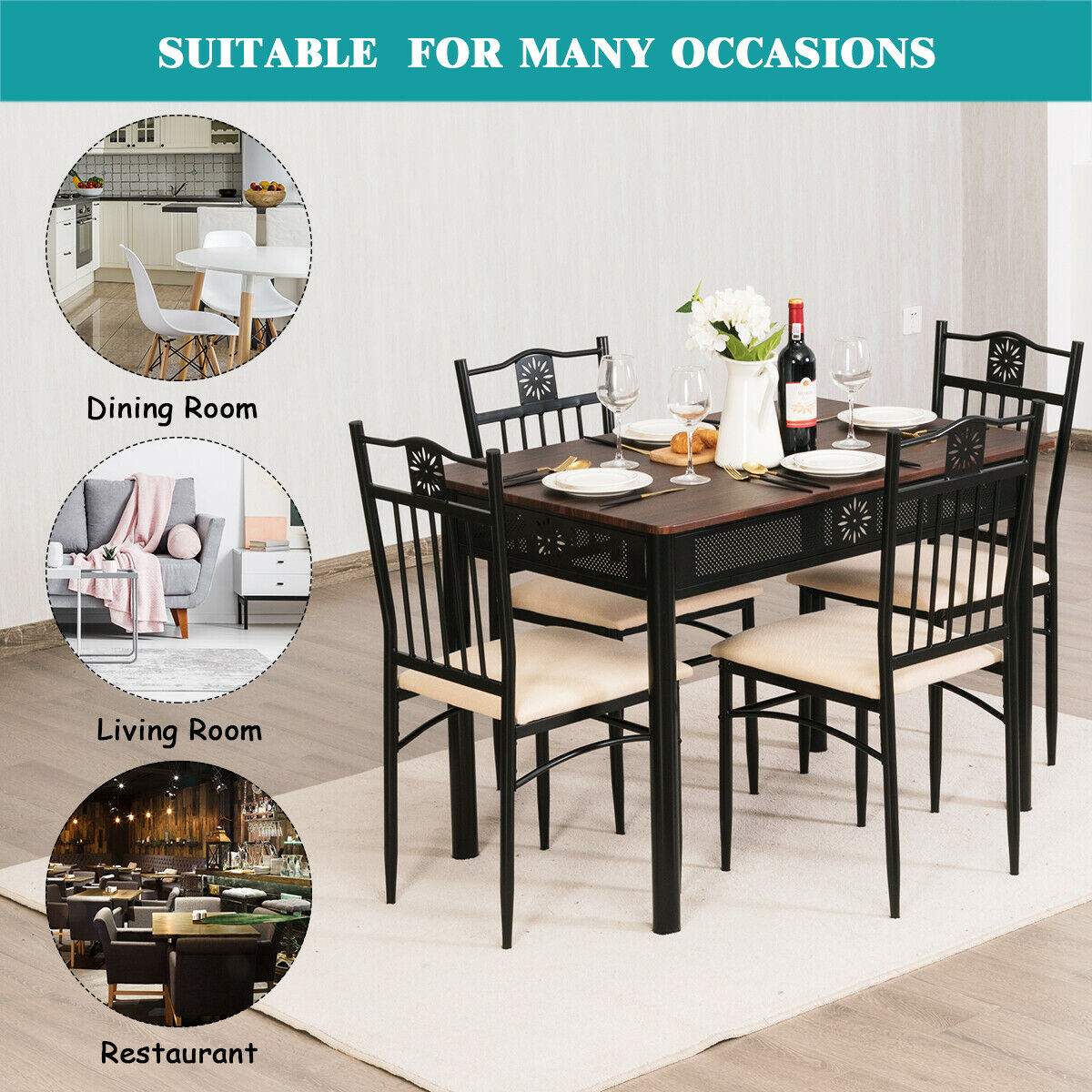 5 Piece Dining Set Wood Metal Table