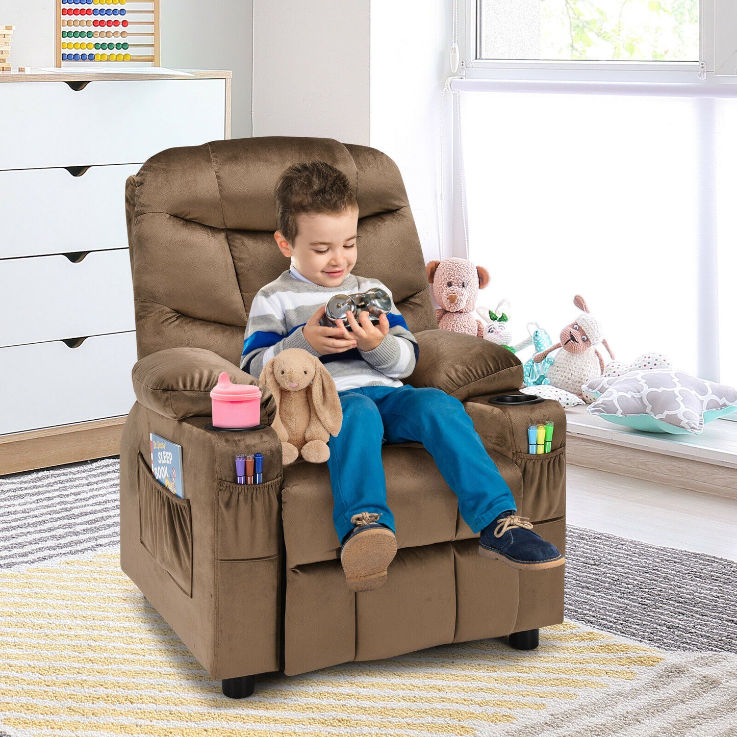 Honeyjoy Kids Youth Recliner Chair Velvet Fabric Armrest Sofa