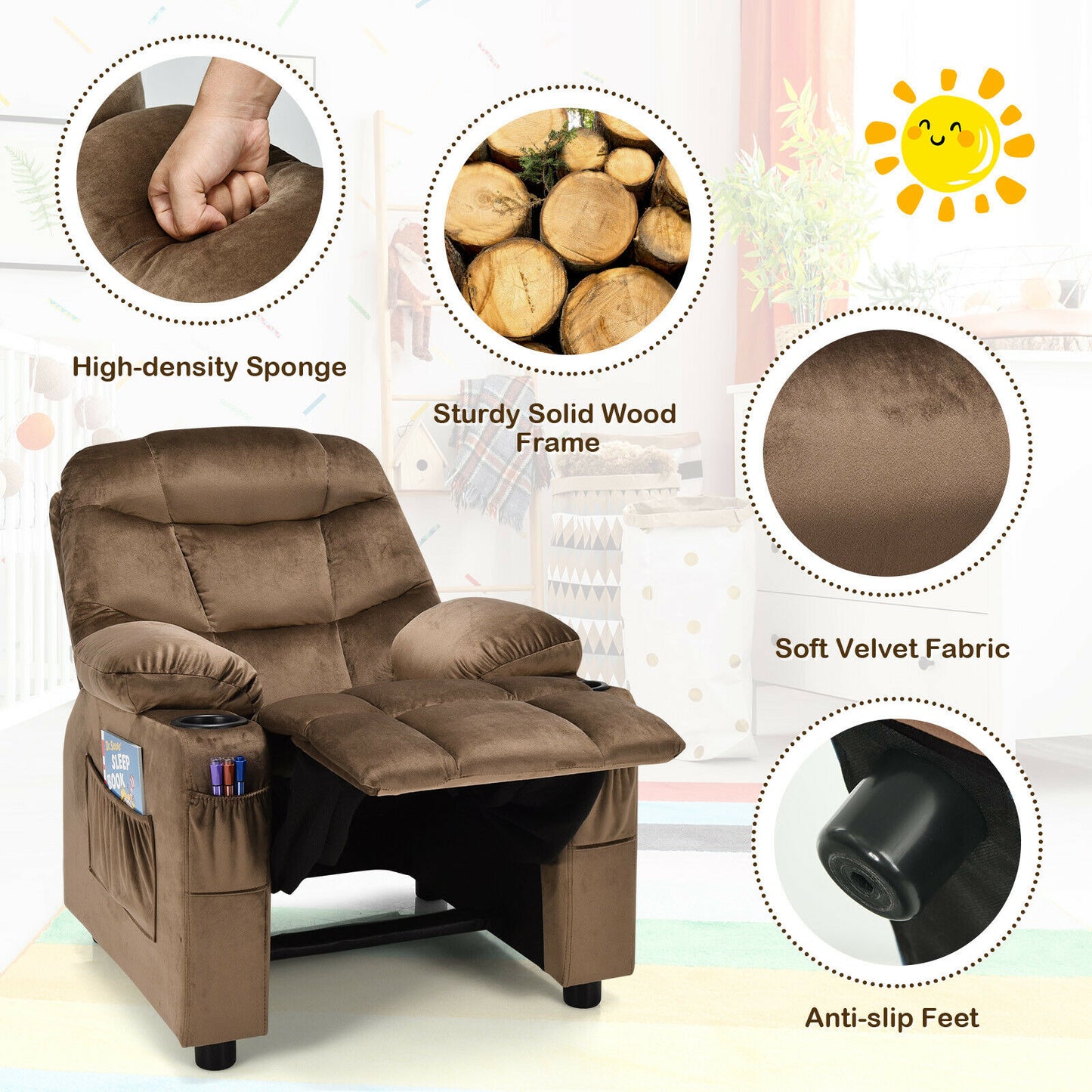 Honeyjoy Kids Youth Recliner Chair Velvet Fabric Armrest Sofa