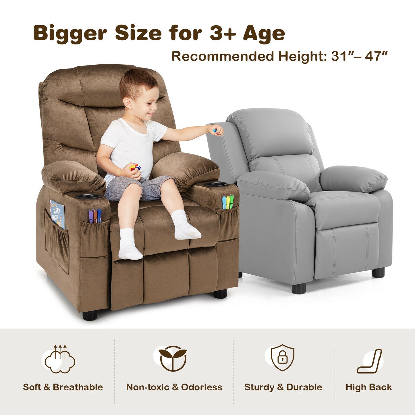 Honeyjoy Kids Youth Recliner Chair Velvet Fabric Armrest Sofa