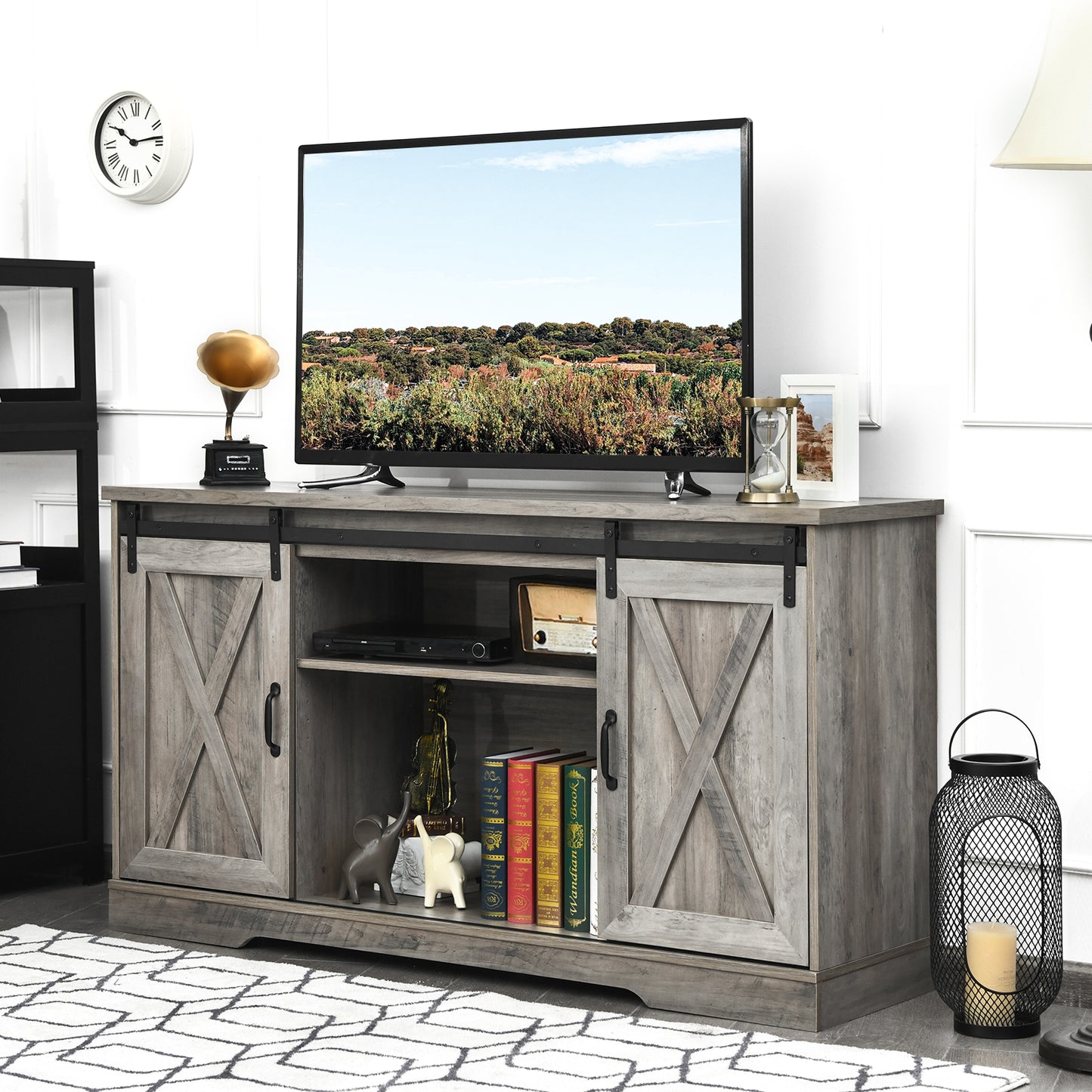 Farmhouse TV Stand Sliding Barn Door Cabinet