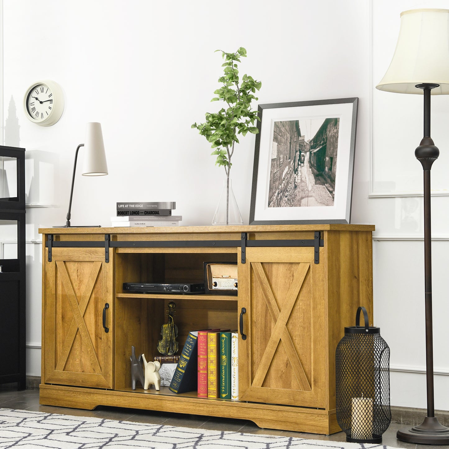 Farmhouse TV Stand Sliding Barn Door Cabinet