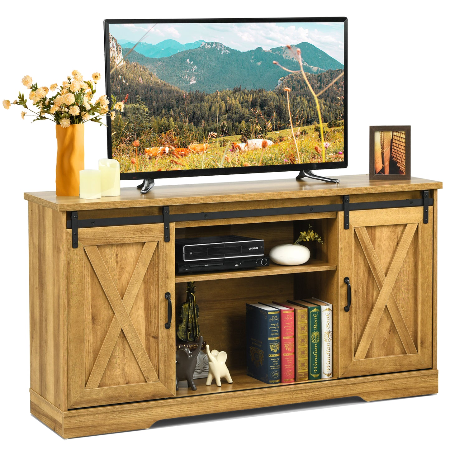 Farmhouse TV Stand Sliding Barn Door Cabinet