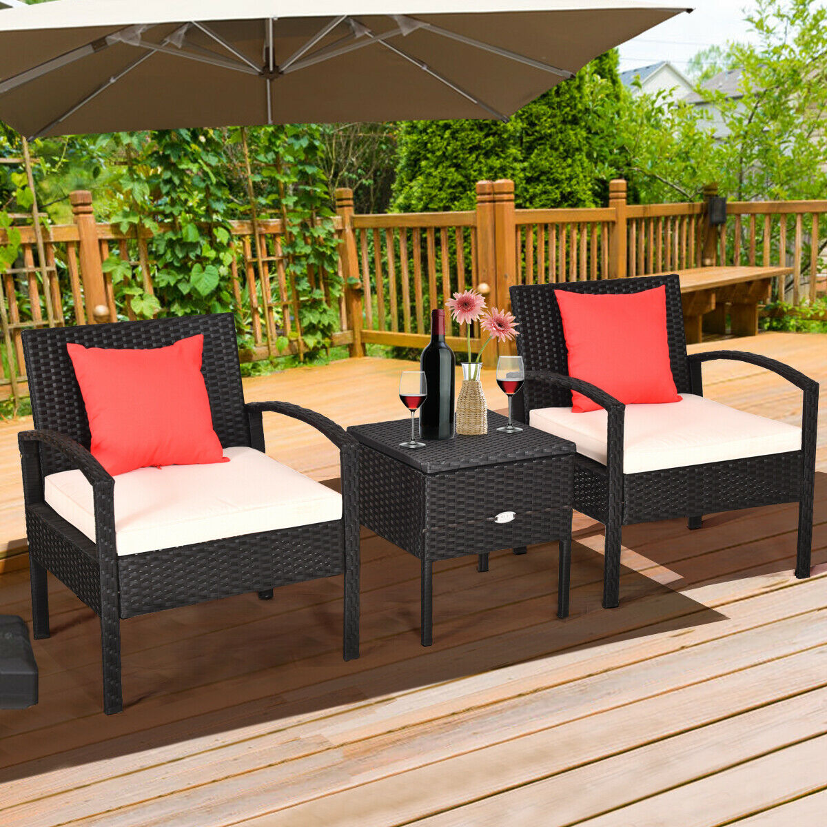 3PCS Patio Rattan Furniture Set Storage Table