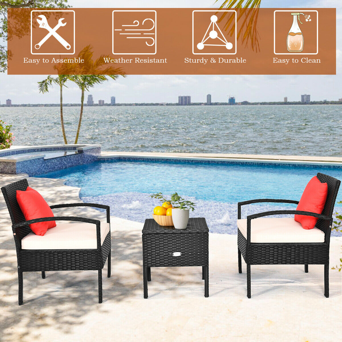 3PCS Patio Rattan Furniture Set Storage Table