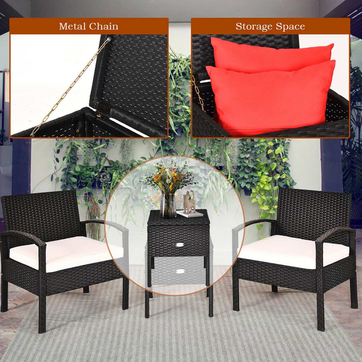 3PCS Patio Rattan Furniture Set Storage Table