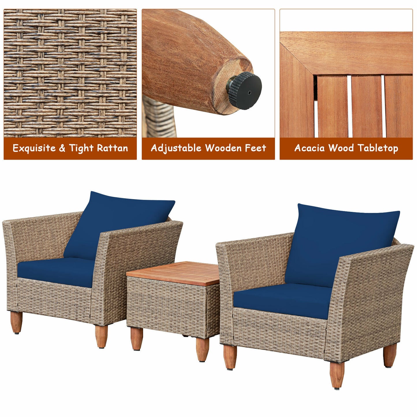 3PCS Patio Rattan Bistro Furniture Set