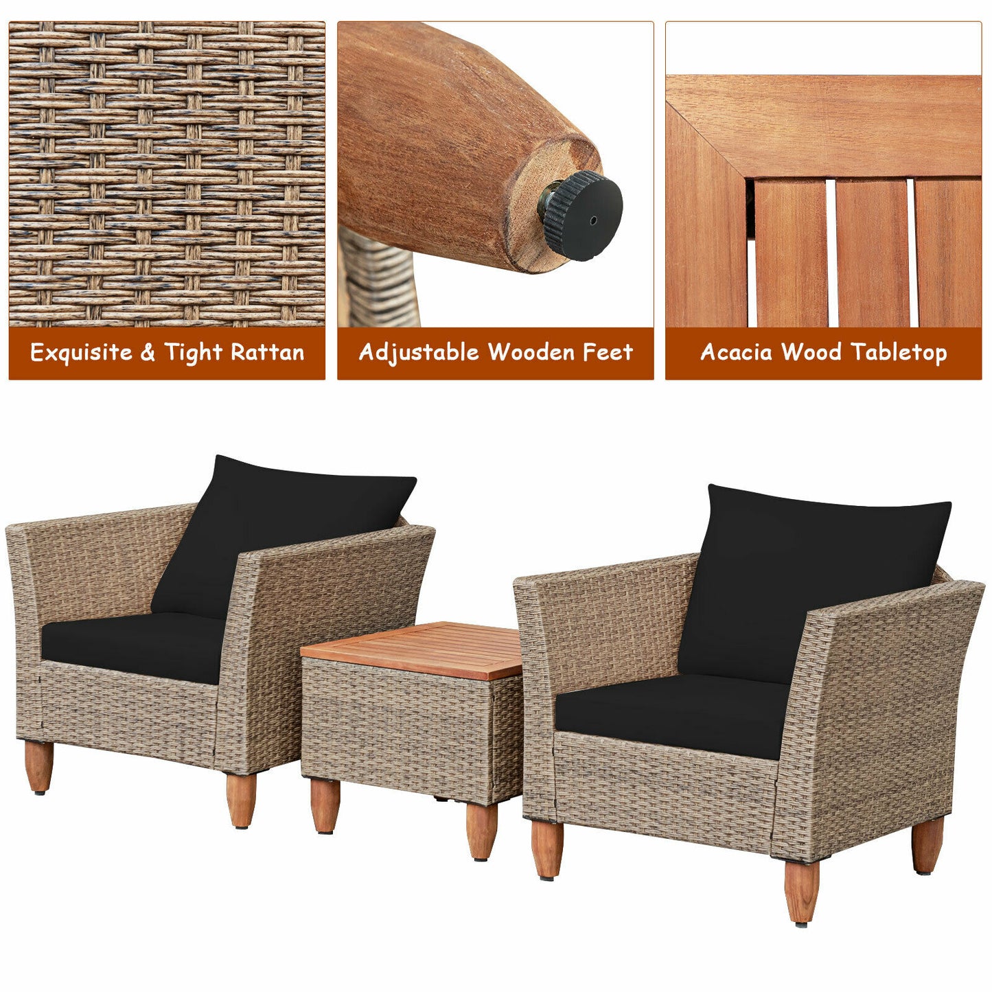 3PCS Patio Rattan Bistro Furniture Set