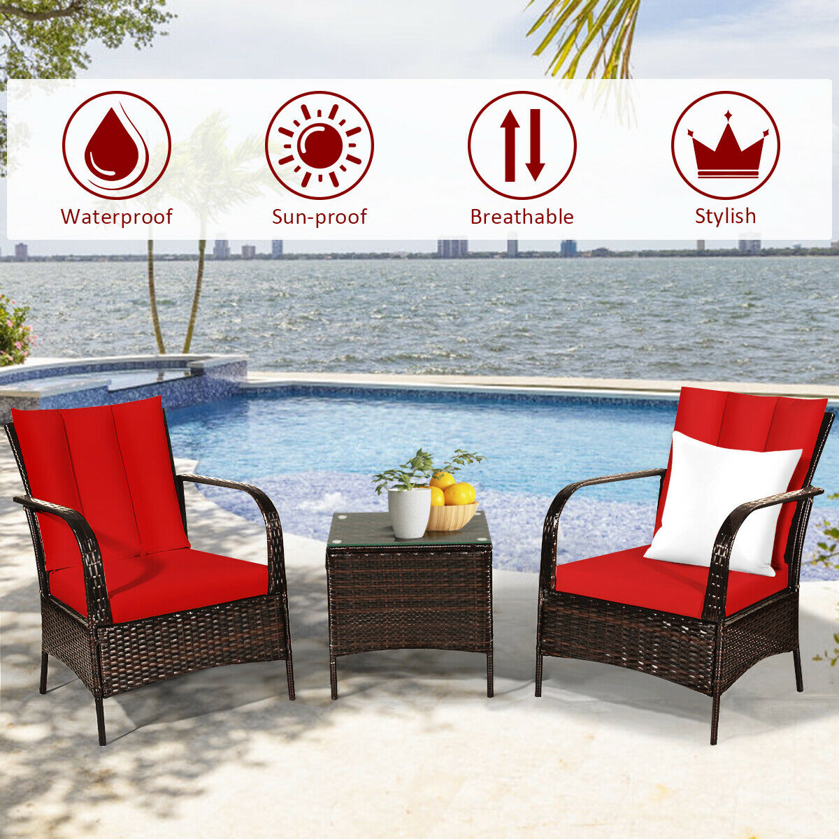 3 PCS Patio Rattan Furniture Set