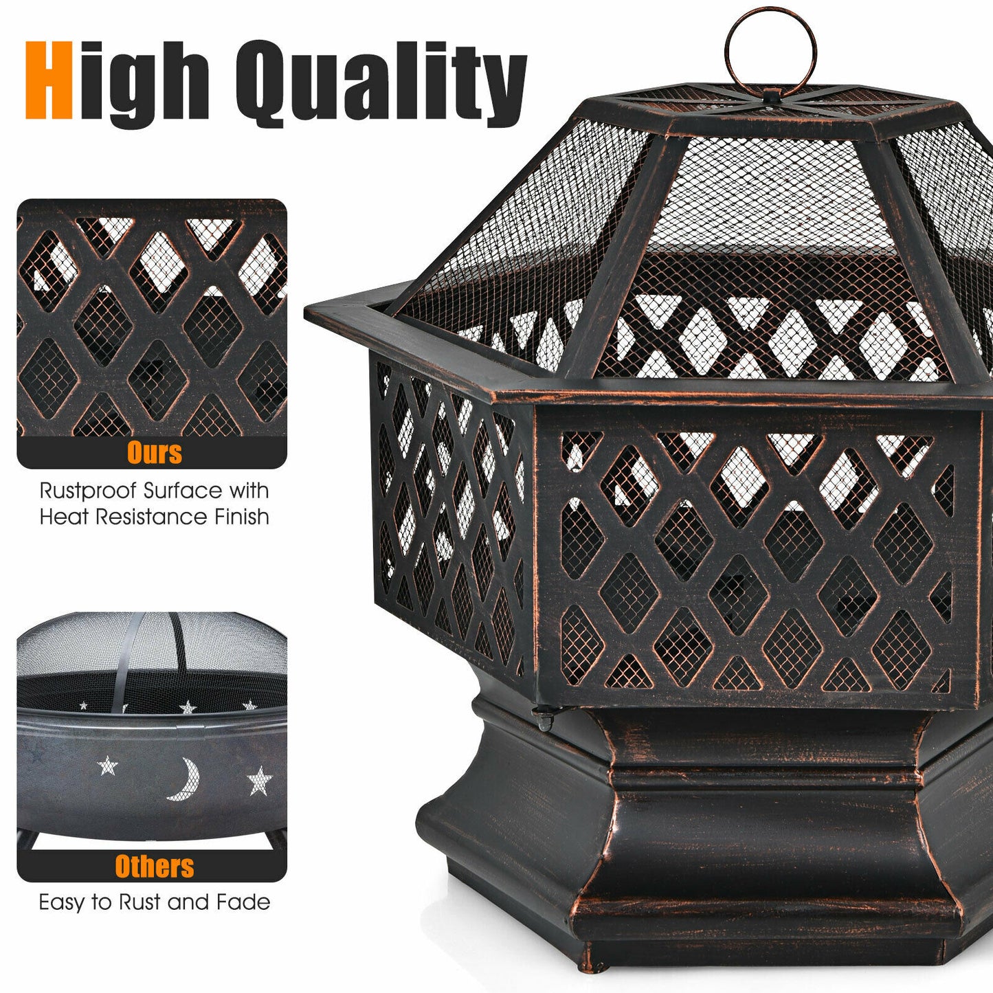 26’’ Outdoor Hex-shaped Fire Pit Wood Burning Bowl