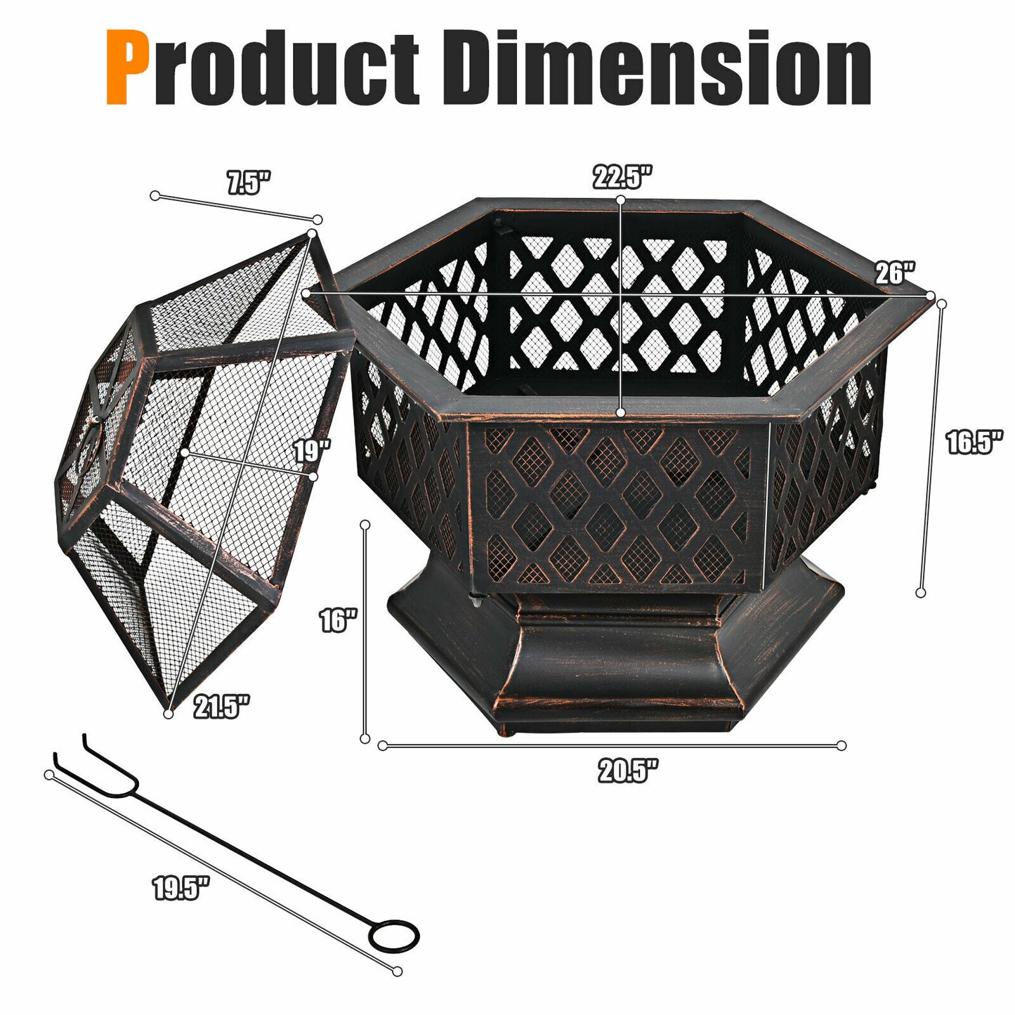 26’’ Outdoor Hex-shaped Fire Pit Wood Burning Bowl