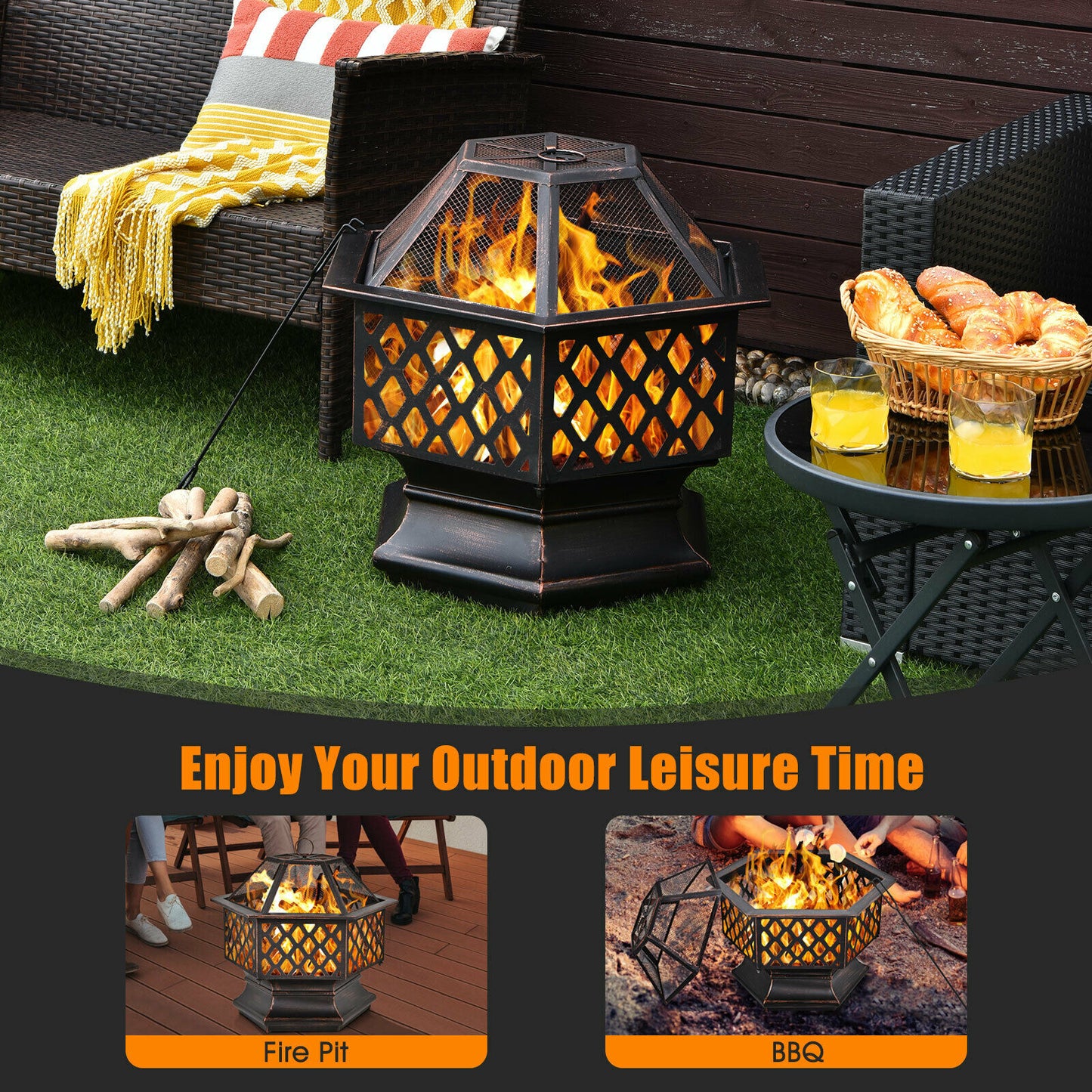 26’’ Outdoor Hex-shaped Fire Pit Wood Burning Bowl