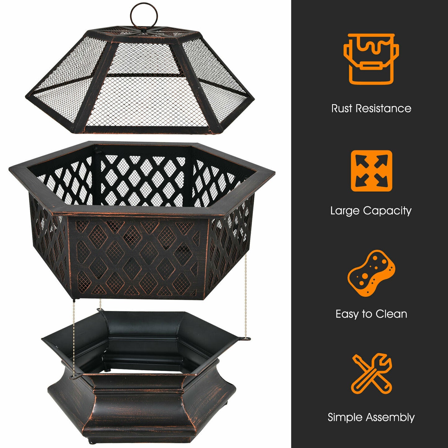 26’’ Outdoor Hex-shaped Fire Pit Wood Burning Bowl