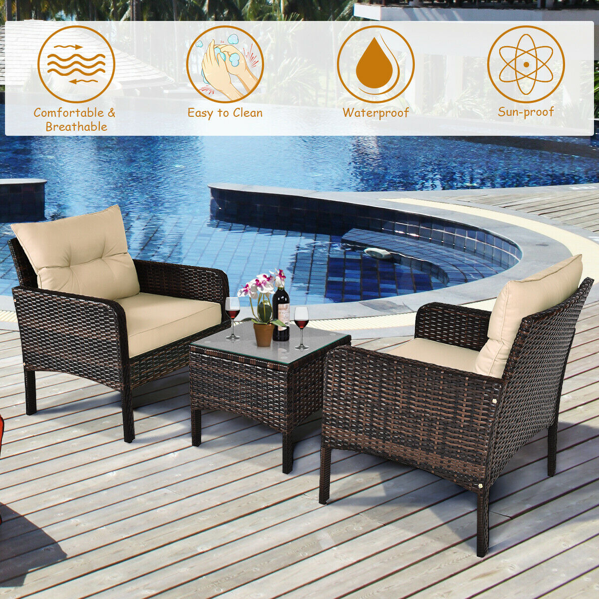 3PCS Outdoor Rattan Conversation Set