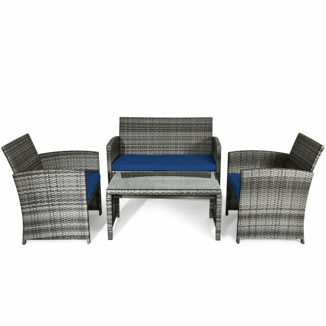 4PCS Patio Rattan Furniture Set Conversation Glass Table Top