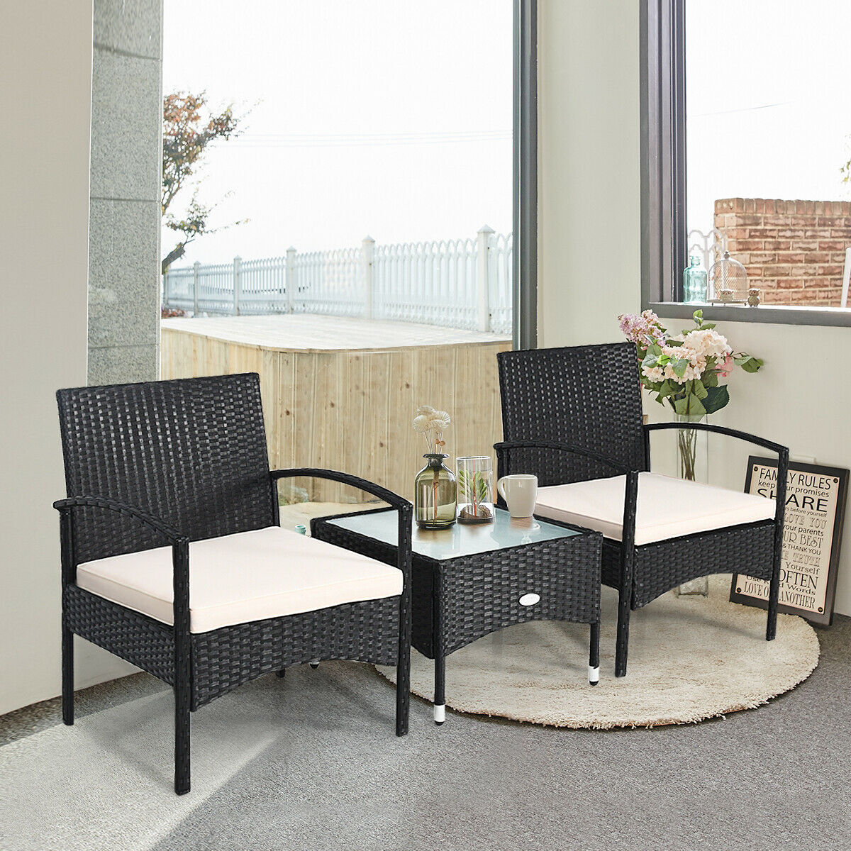 3 PCS Patio Wicker Rattan Furniture Set