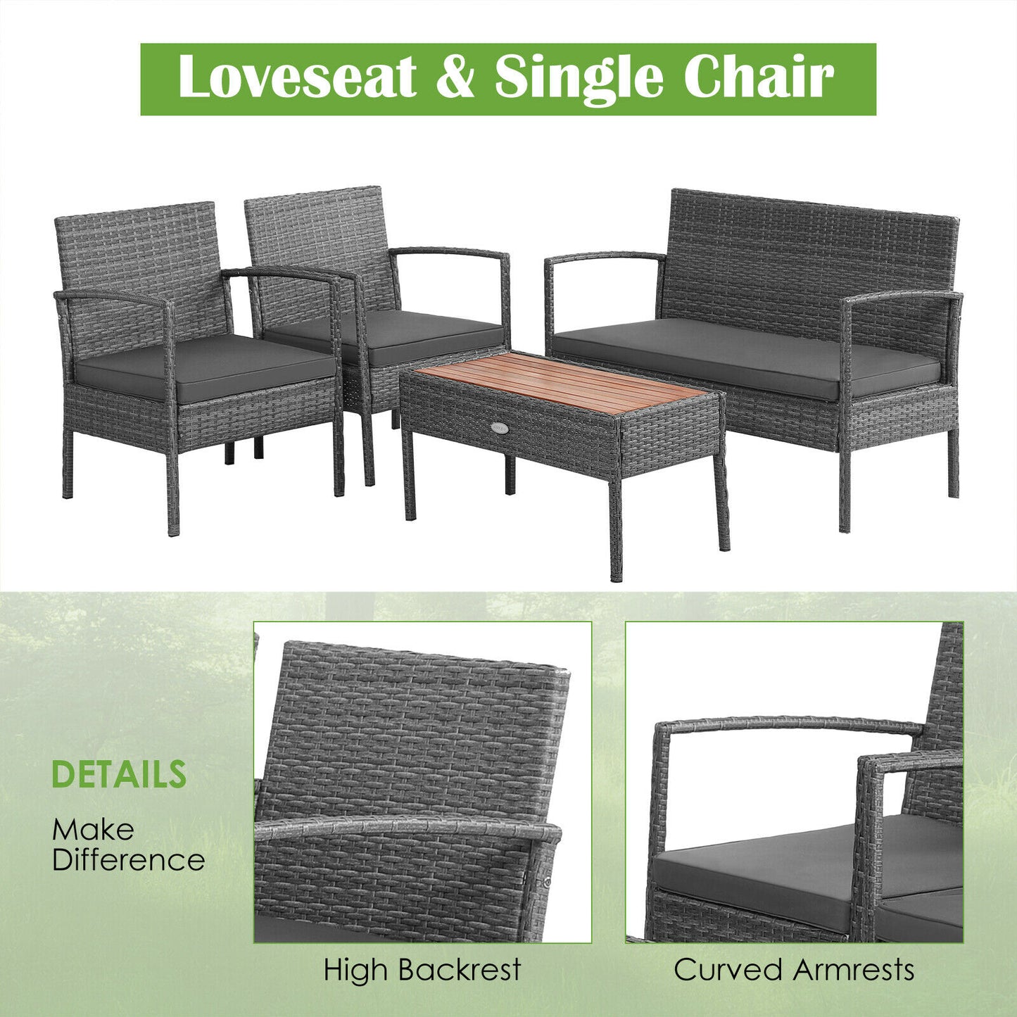 Patiojoy 4PCS Patio Rattan Furniture Set