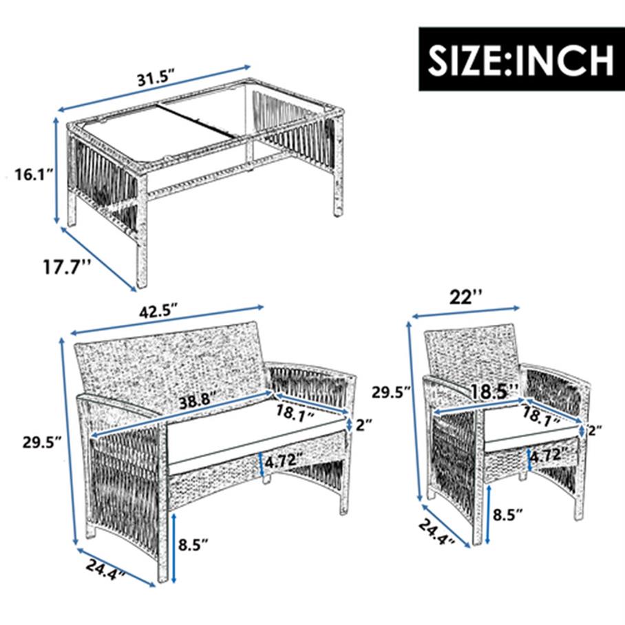 4 Pieces Outdoor Furniture Rattan Chair & Table Patio Set Outdoor Sofa for Garden Backyard